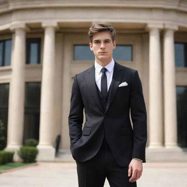 A stylish 23-year-old man outfitted in a black three-piece suit, confidently posing in front of an elegant western-style building.