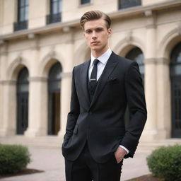 A stylish 23-year-old man outfitted in a black three-piece suit, confidently posing in front of an elegant western-style building.