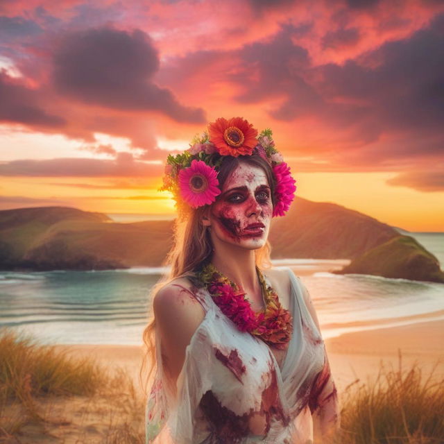 A zombie wearing a vibrant flower headpiece, entranced by a stunning sunset on a serene beach.