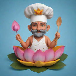 Design a mascot incorporating elements of the sacred Varanasi river, a vibrant lotus flower, and a traditional chef's cap.