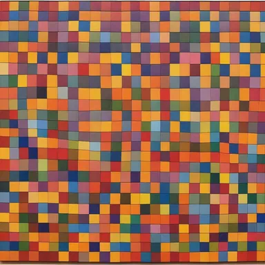 The artist used a plain weave technique to create a vibrant painting with alternating colors, showcasing a checkerboard pattern.