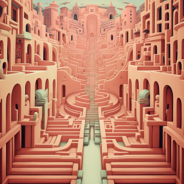 Generate an ultra-detailed, intricate digital artwork of a labyrinth in the unique style of Wes Anderson, featuring symmetrical design, pastel color scheme, and whimsical and vintage elements.