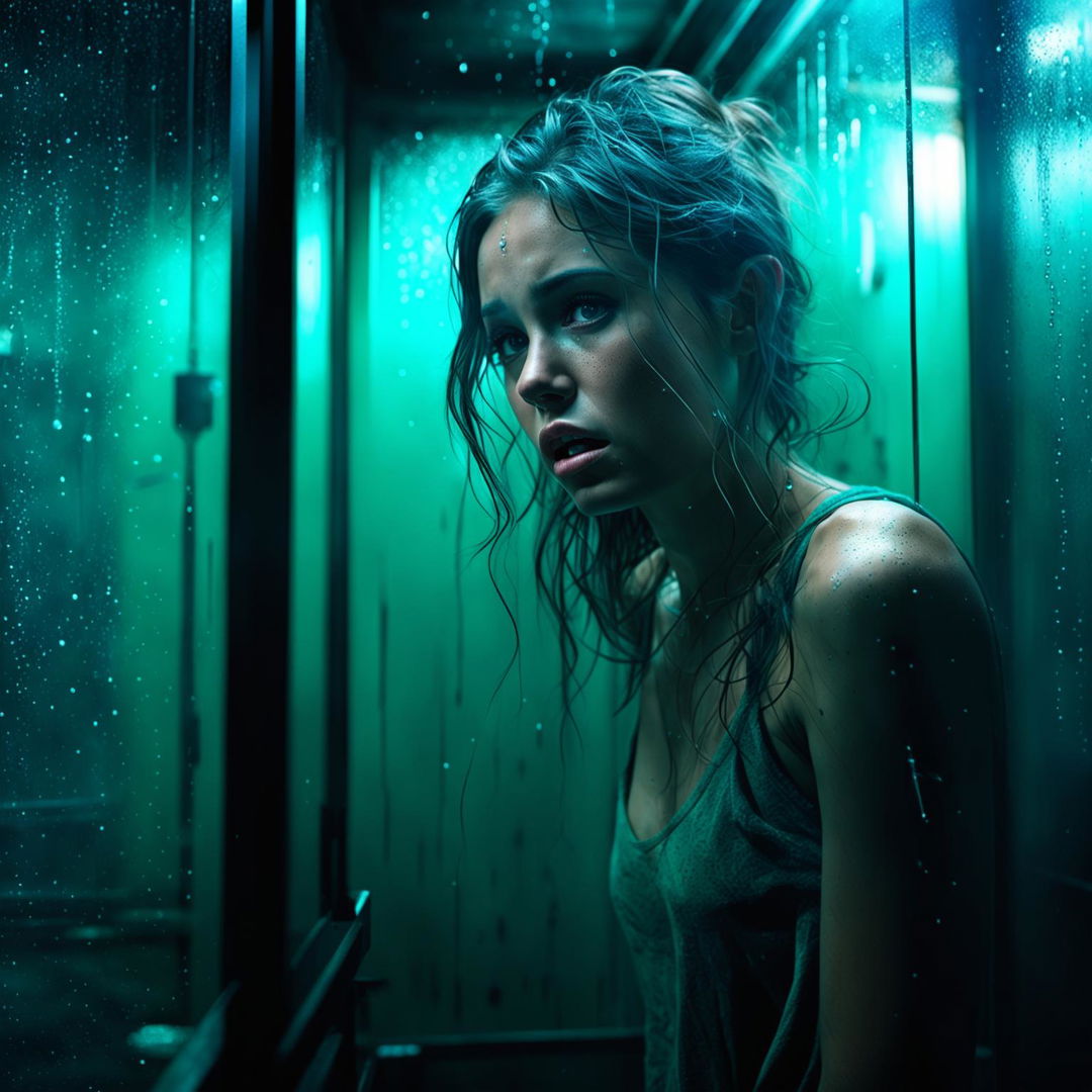 An attractive young woman with an anxious expression, waist-up, in a detailed panic room. The scene is bathed in turquoise ambient lighting, veiled in mist with water droplets visible on her skin. Emphasize the emotional intensity and elaborate details.