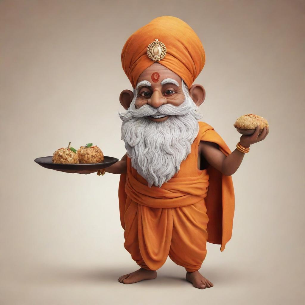 Design a restaurant mascot inspired by a Varanasi saint or sadhu, joyfully presenting delectable food.