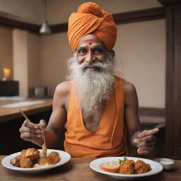 Design a restaurant mascot inspired by a Varanasi saint or sadhu, joyfully presenting delectable food.