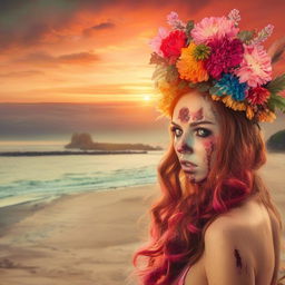 A zombie wearing a vibrant flower headpiece, entranced by a stunning sunset on a serene beach.