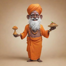 Design a restaurant mascot inspired by a Varanasi saint or sadhu, joyfully presenting delectable food.