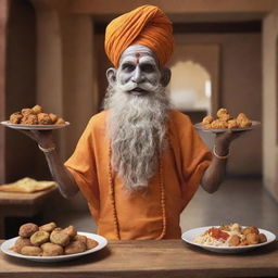 Design a restaurant mascot inspired by a Varanasi saint or sadhu, joyfully presenting delectable food.