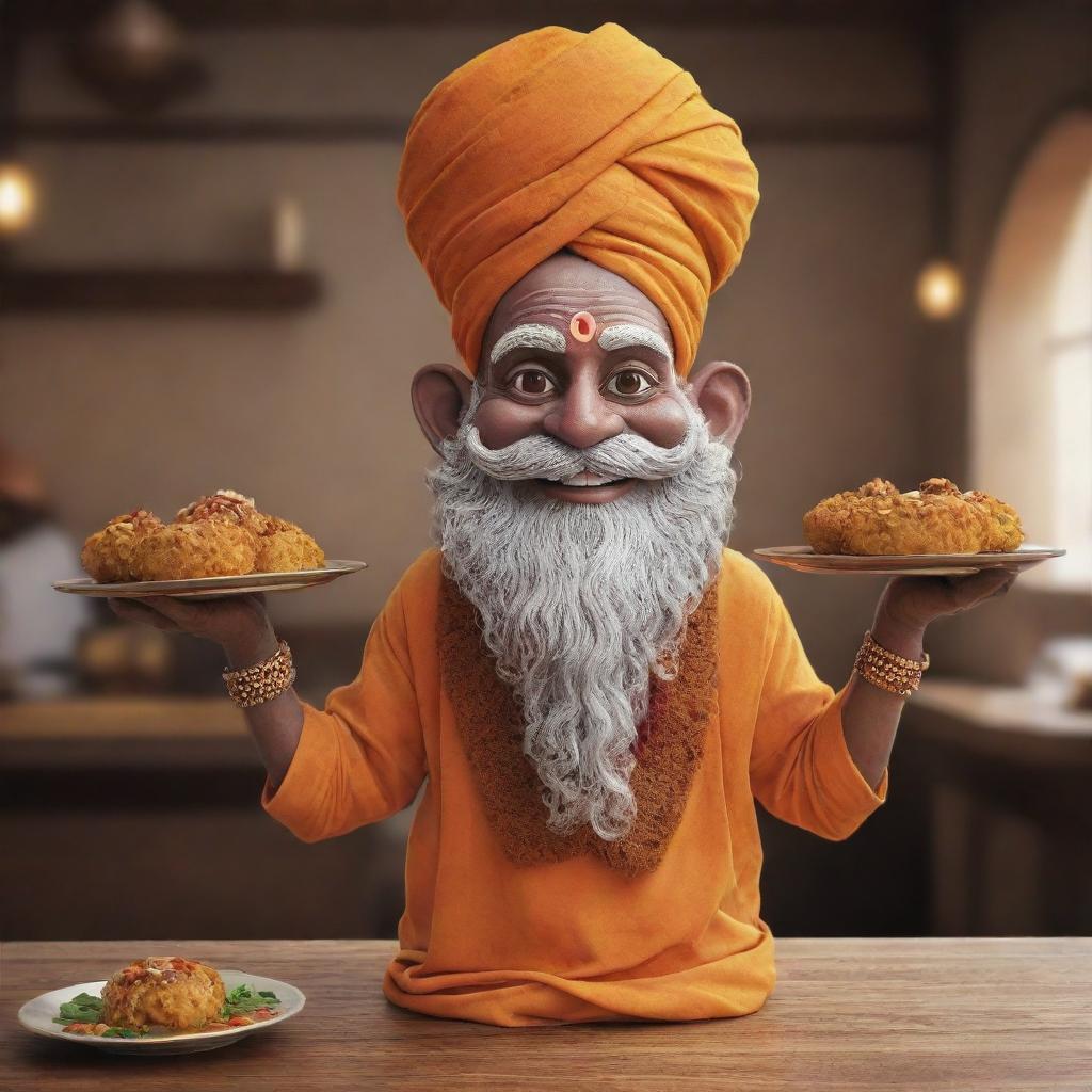 Design a restaurant mascot inspired by a Varanasi saint or sadhu, joyfully presenting delectable food.