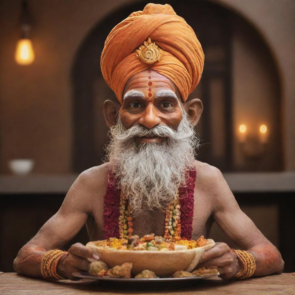 Design a restaurant mascot inspired by a Varanasi saint or sadhu, joyfully presenting delectable food.