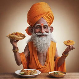 Design a restaurant mascot inspired by a Varanasi saint or sadhu, joyfully presenting delectable food.