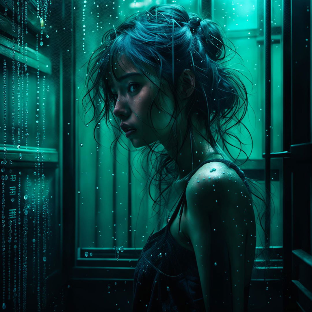 An anxious young woman in an intricate panic room, emphasized water droplets on skin, bathed in turquoise ambient lighting and mist. Overlay vertical Japanese Kanji characters in the top left corner. Prioritize intensifying emotional beauty and elaborate details.