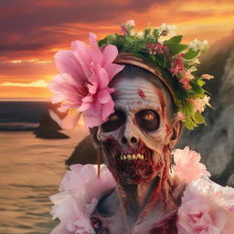 Hyper-realistic depiction of a zombie adorned with a flower headpiece, spellbound by a spectacular sunset on a tranquil beach.