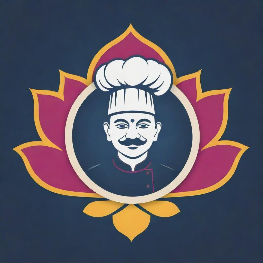 Create a creative logo featuring elements of Varanasi, a vibrant lotus flower, and a traditional chef's cap.