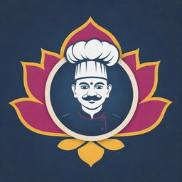 Create a creative logo featuring elements of Varanasi, a vibrant lotus flower, and a traditional chef's cap.