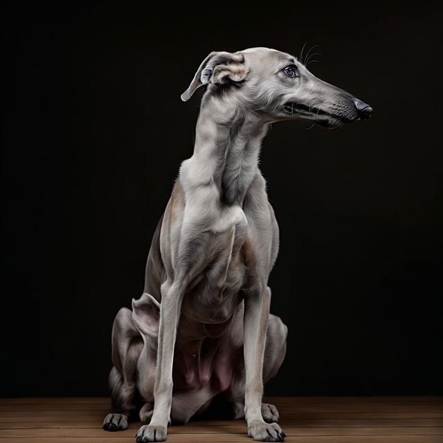 The same greyhound dog, but notably fatter, still with his glossy coat, sitting in a comfortable pose.