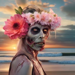 Hyper-realistic depiction of a zombie adorned with a flower headpiece, spellbound by a spectacular sunset on a tranquil beach.