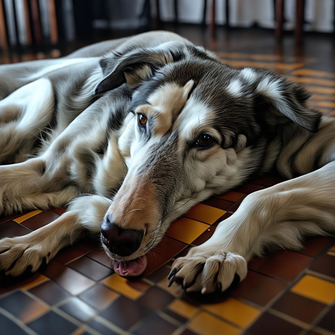 An obese greyhound dog with a glossy coat, lounging in a relaxed manner.