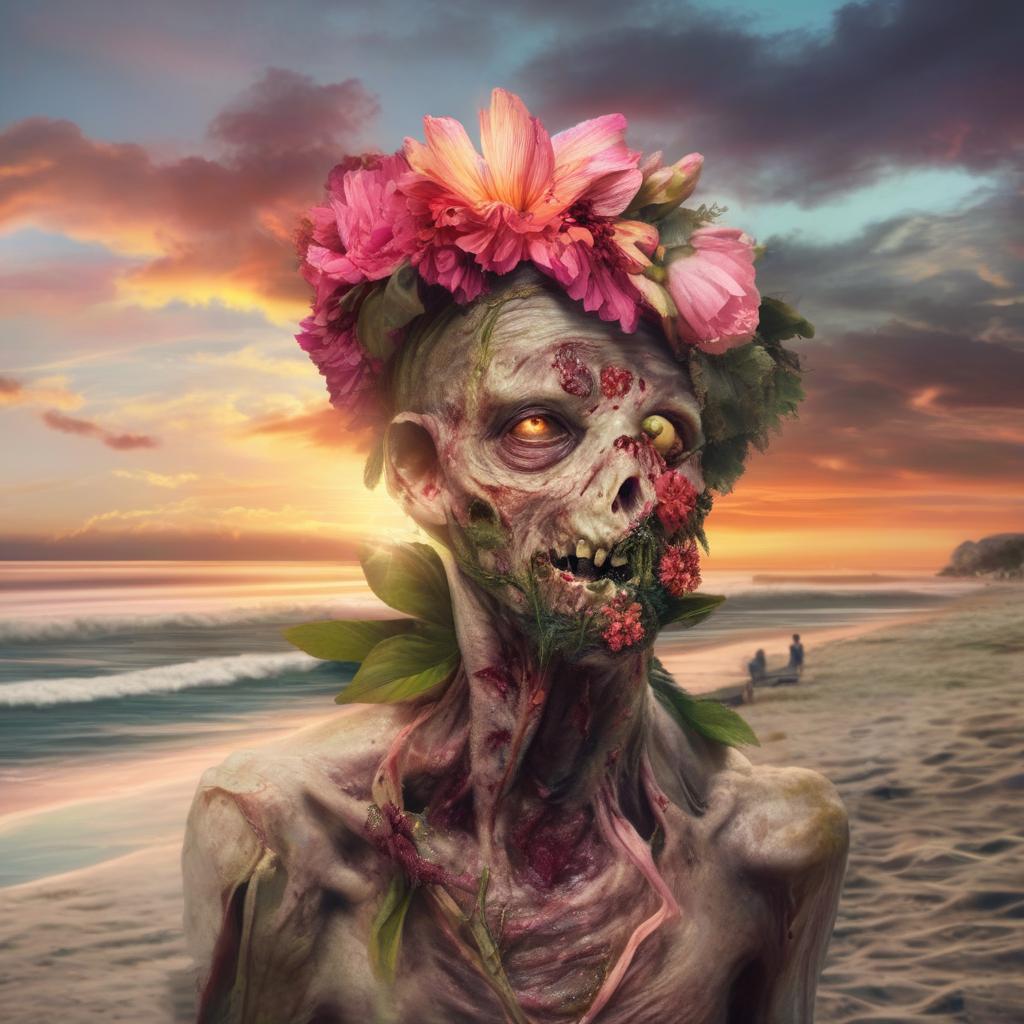 Hyper-realistic depiction of a zombie adorned with a flower headpiece, spellbound by a spectacular sunset on a tranquil beach.