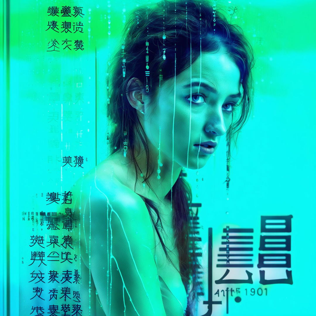 A European young woman inside an intricate panic room with an anxious look, entwined in turquoise lighting and mists. Enhanced water droplets decorate her skin. Add minor glitch effects including on the overlayed vertical Japanese Kanji, questioning the image reality.