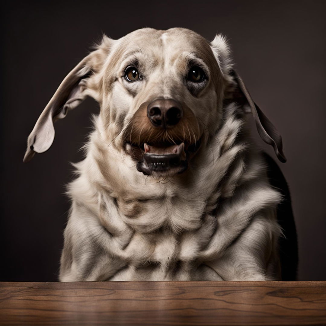 An overweight greyhound in a sitting position, its mid section and neck substantially engorged, looking at the camera with a large, gentle smile.