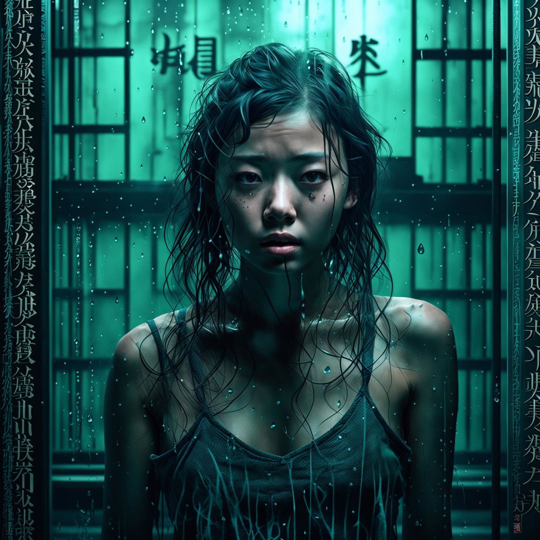 Return to an intricate, emotionally intense scene featuring an anxious young woman in a detailed panic room, bathed in turquoise ambient lighting and mist, with enhanced water droplets on her skin. Overlay vertical Japanese Kanji characters in the top left corner. Emphasize sublime beauty and complexity.