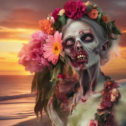 Hyper-realistic depiction of a zombie adorned with a flower headpiece, spellbound by a spectacular sunset on a tranquil beach.