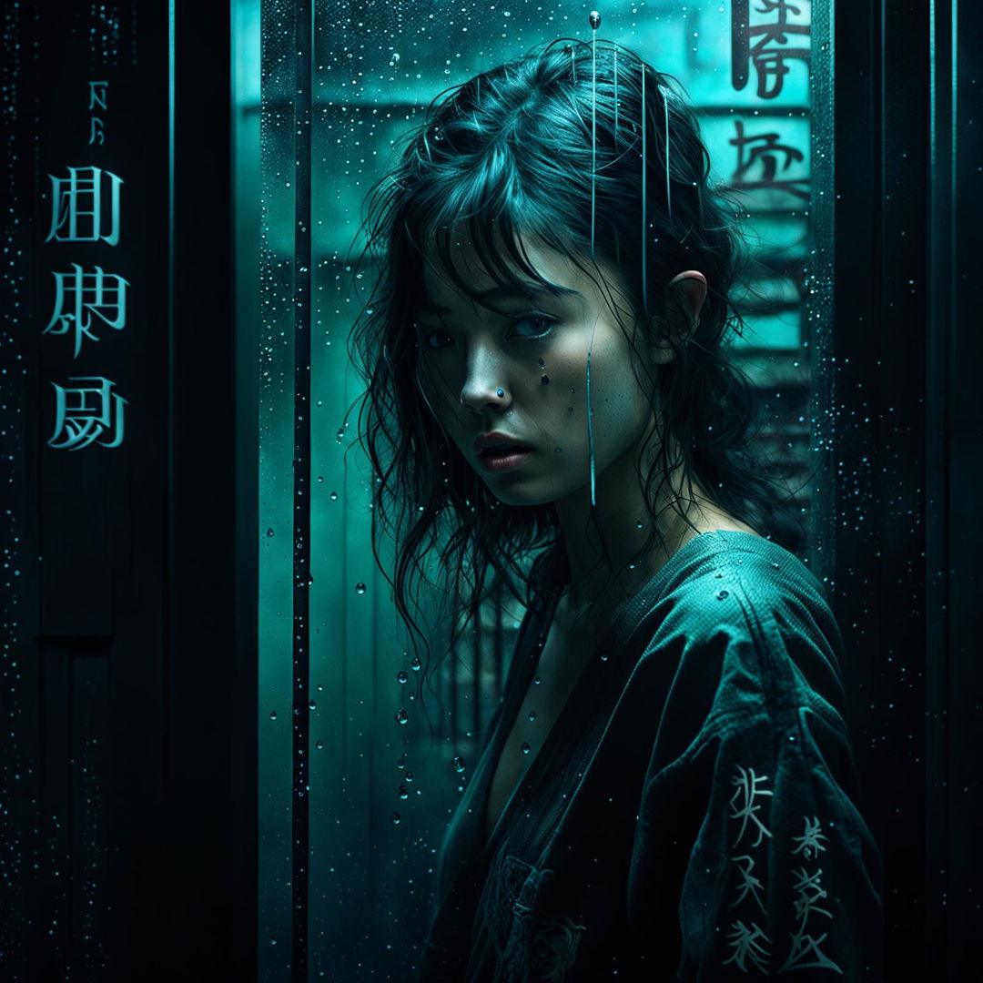 Modify the scene to feature an anxious young European woman in an intricately detailed panic room. Turquoise ambient lighting and mist permeate, highlighting intensified water droplets on her skin. Overlay vertical Japanese Kanji characters in the top left corner. Focus on profound beauty and complexity.