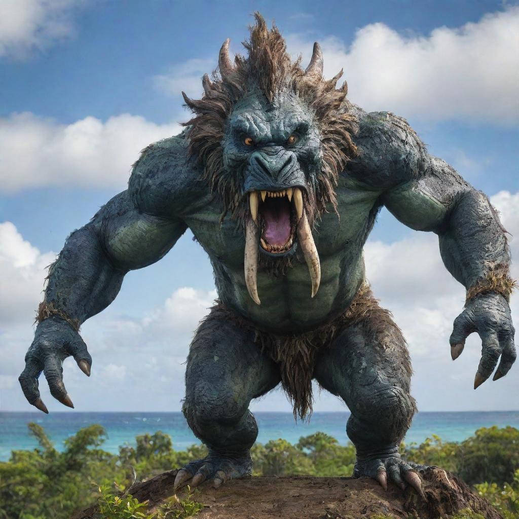 A mythical, fearsome yet majestic monster inspired by the geographical features and cultural heritage of Guam.