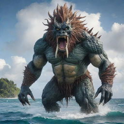 A mythical, fearsome yet majestic monster inspired by the geographical features and cultural heritage of Guam.