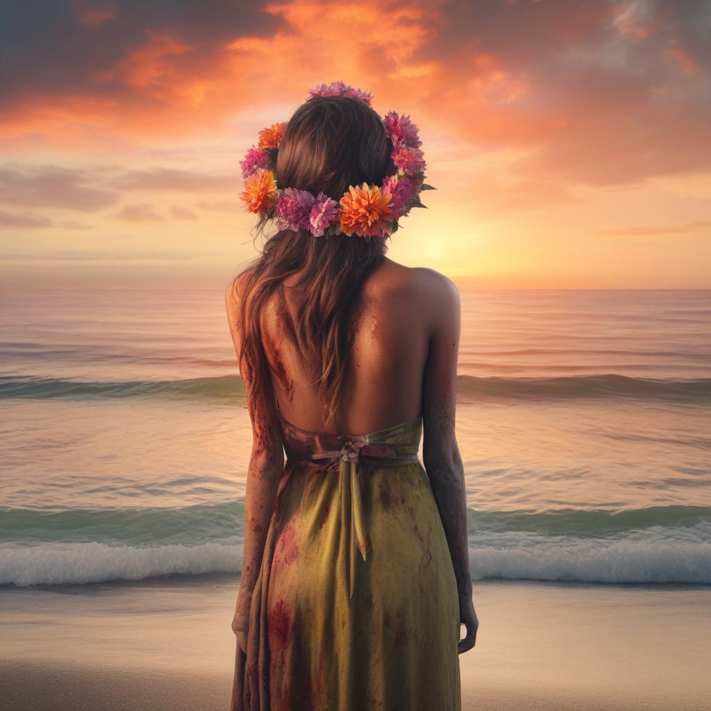 A hyper-realistic back view of a zombie, wearing a flower headpiece, gazing at a breathtaking sunset on a peaceful beach.