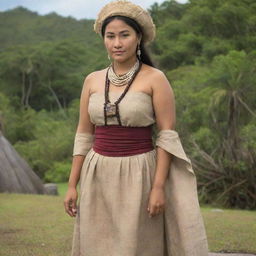 Portray the ancestors of Guam in traditional clothing and historical context, surrounded by artifacts and landscapes unique to the country's rich history.