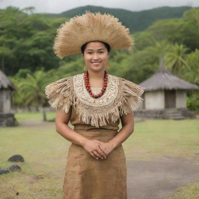 Portray the ancestors of Guam in traditional clothing and historical context, surrounded by artifacts and landscapes unique to the country's rich history.