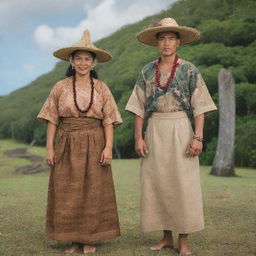 Portray the ancestors of Guam in traditional clothing and historical context, surrounded by artifacts and landscapes unique to the country's rich history.