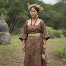 Portray the ancestors of Guam in traditional clothing and historical context, surrounded by artifacts and landscapes unique to the country's rich history.