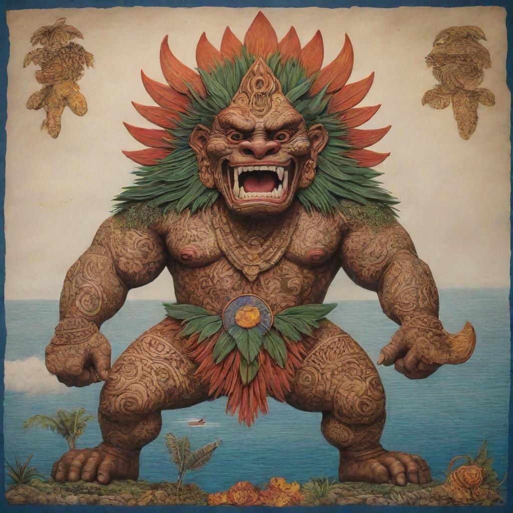 A mythical beast embodying the unique elements of Guam, complete with landscapes and iconography characteristic of this rich culture.