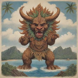 A mythical beast embodying the unique elements of Guam, complete with landscapes and iconography characteristic of this rich culture.