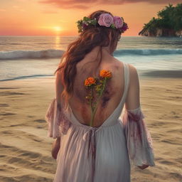 A hyper-realistic back view of a zombie, wearing a flower headpiece, gazing at a breathtaking sunset on a peaceful beach.