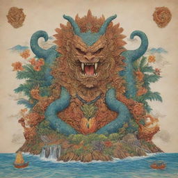 A mythical beast embodying the unique elements of Guam, complete with landscapes and iconography characteristic of this rich culture.