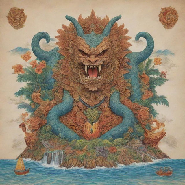 A mythical beast embodying the unique elements of Guam, complete with landscapes and iconography characteristic of this rich culture.