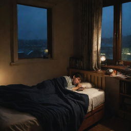 A dimly lit bedroom at night. A boy is lying on a bed, covered with a blanket, chatting on his mobile phone. There's a radio playing music next to him. The window is open, with a curtain slightly drawn, rain can be seen falling outside. A bookshelf is also present in the room.