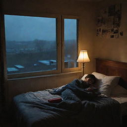 A dimly lit bedroom at night. A boy is lying on a bed, covered with a blanket, chatting on his mobile phone. There's a radio playing music next to him. The window is open, with a curtain slightly drawn, rain can be seen falling outside. A bookshelf is also present in the room.