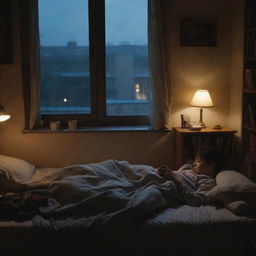 A dimly lit bedroom at night. A boy is lying on a bed, covered with a blanket, chatting on his mobile phone. There's a radio playing music next to him. The window is open, with a curtain slightly drawn, rain can be seen falling outside. A bookshelf is also present in the room.