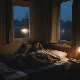 A dimly lit bedroom at night. A boy is lying on a bed, covered with a blanket, chatting on his mobile phone. There's a radio playing music next to him. The window is open, with a curtain slightly drawn, rain can be seen falling outside. A bookshelf is also present in the room.