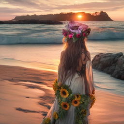 A hyper-realistic back view of a zombie, wearing a flower headpiece, gazing at a breathtaking sunset on a peaceful beach.