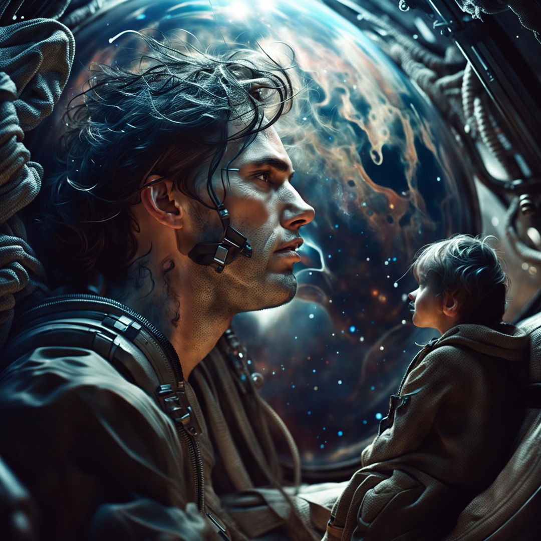 A distressed yet stunningly handsome man looks into the vast expanse of space. His face, a mixture of determination and sorrow, reflects the difficult decision to leave his family. Render this futuristic, emotional scene with an extraordinary level of intricacy and detail.