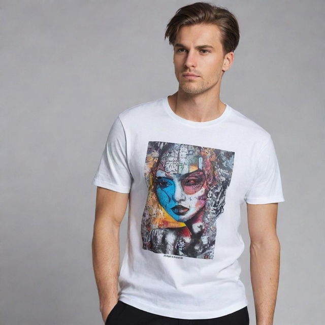 Design a unique and stylish T-shirt featuring a graphic print inspired by modern street art culture.