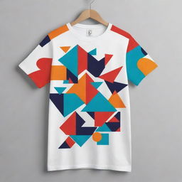 Generate a creative T-shirt design showcasing a fusion of abstract geometric shapes and vibrant colours.