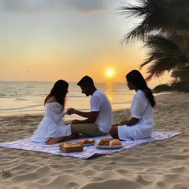 As the sun set over the canescent beach, they shared a romantic picnic by the shore.
