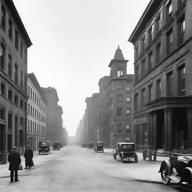 In the black and white photograph from the early 1900s, the canescent buildings stood in the backdrop of a bustling city street.